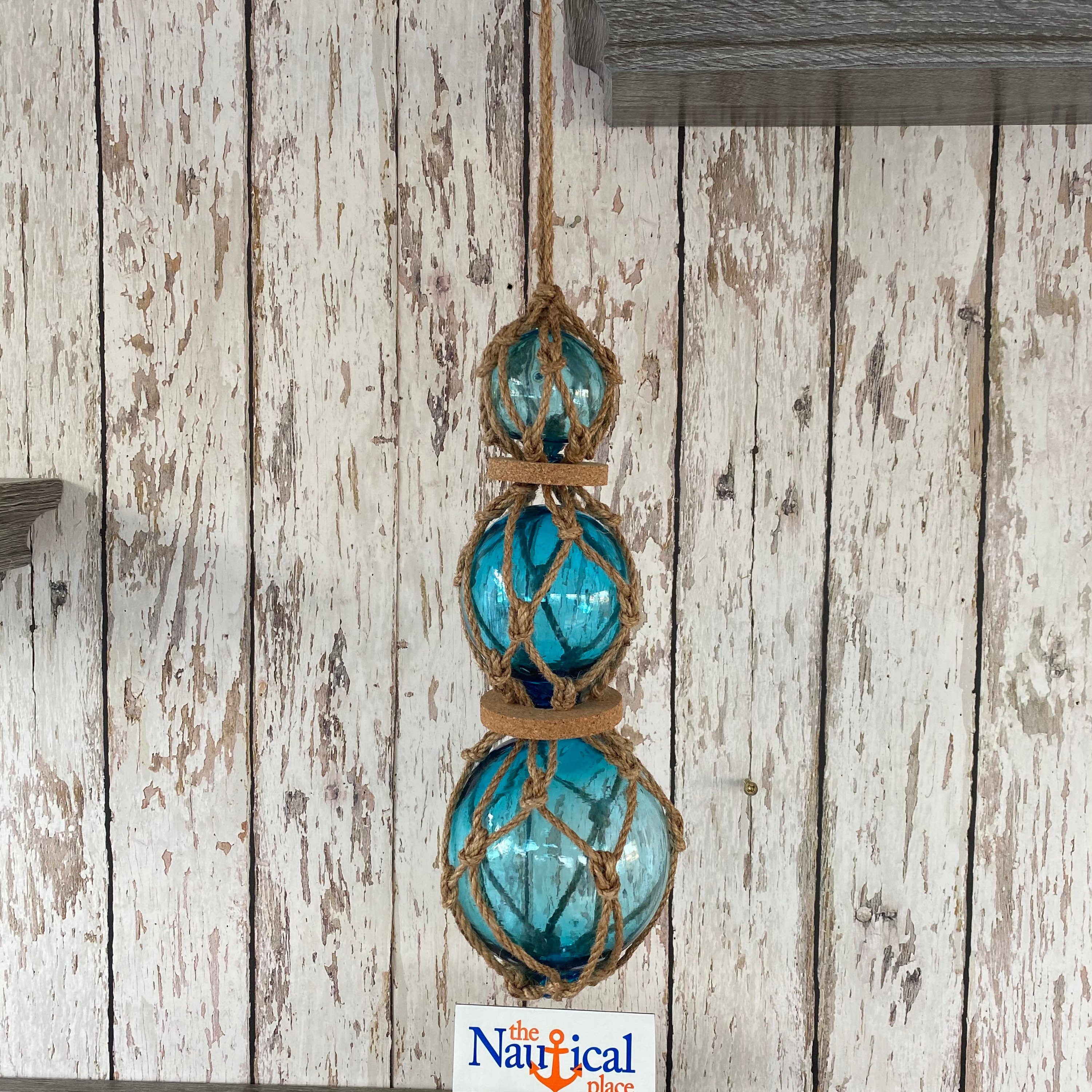 3 Aqua Glass Fishing Floats On Rope Light Blue, Turquoise Buoy Balls