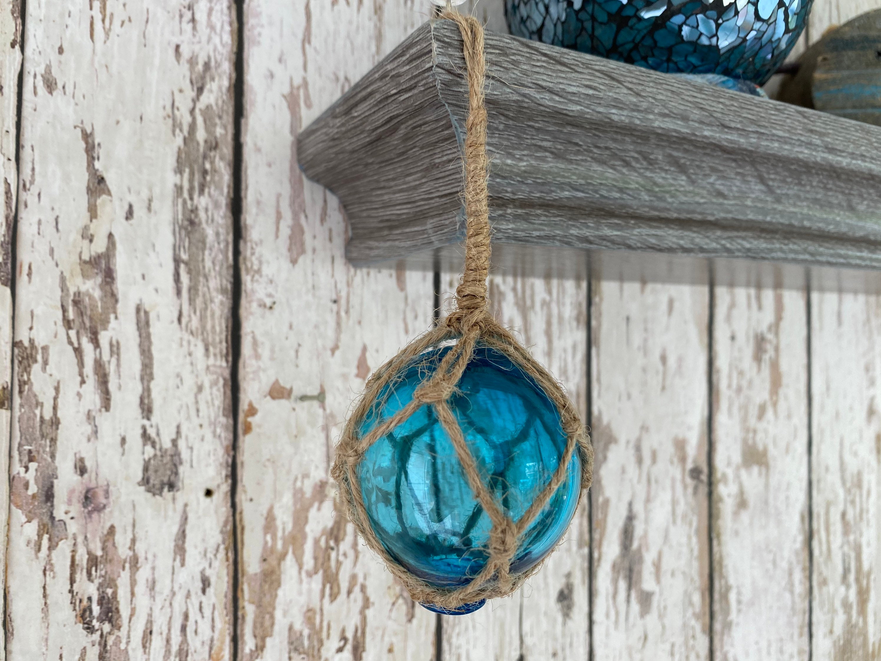 2 Aqua Glass Fishing Floats- Light Blue Turquoise Nautical Beach Decor - Fish  Net Buoy Ball w/ Rope Netting - Christmas Ornaments