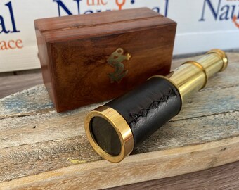 6" Brass Telescope w/ Leather Grip & Wooden Box - Maritime Spyglass - Hand Held Monocular - Nautical Gift