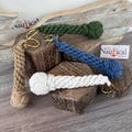 White, Tan, Green, Blue Rope Bell Pull w/ Monkey Fist Knot Ball & Brass Shackle - Braided Knot Lanyard - Hand Tied Sailor Bellpull