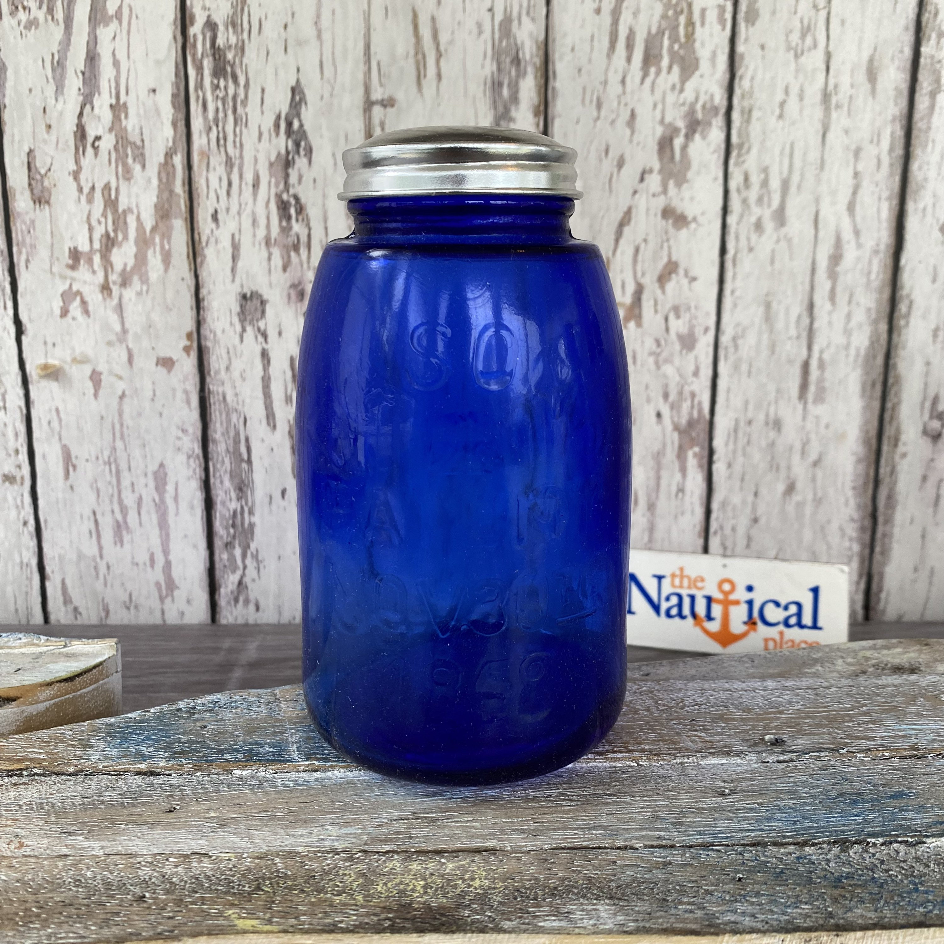 2 COBALT BLUE GLASS LARGE 12-SIDED MASON CLASP STORAGE JARS PANELED STORAGE