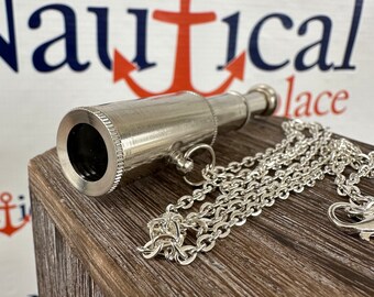 Miniature Silver Brass Telescope – Pocket Size Spyglass With 27” Chain, Nautical Decor Gift