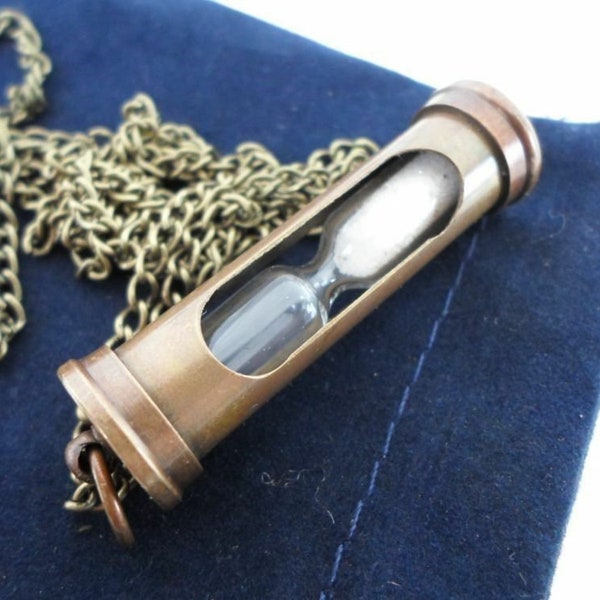 Antique Finish Brass Hourglass Sand Timer w/ Optional 27" Chain & Bag - Old Vintage Pocket Style Necklace Pendant - Groomsmen Gift