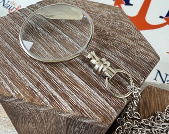 Silver Finish Brass Magnifying Glass w/ Optional 27" Chain & Bag - Round Magnifier Monocle - Vintage Antique Style Necklace - Nautical
