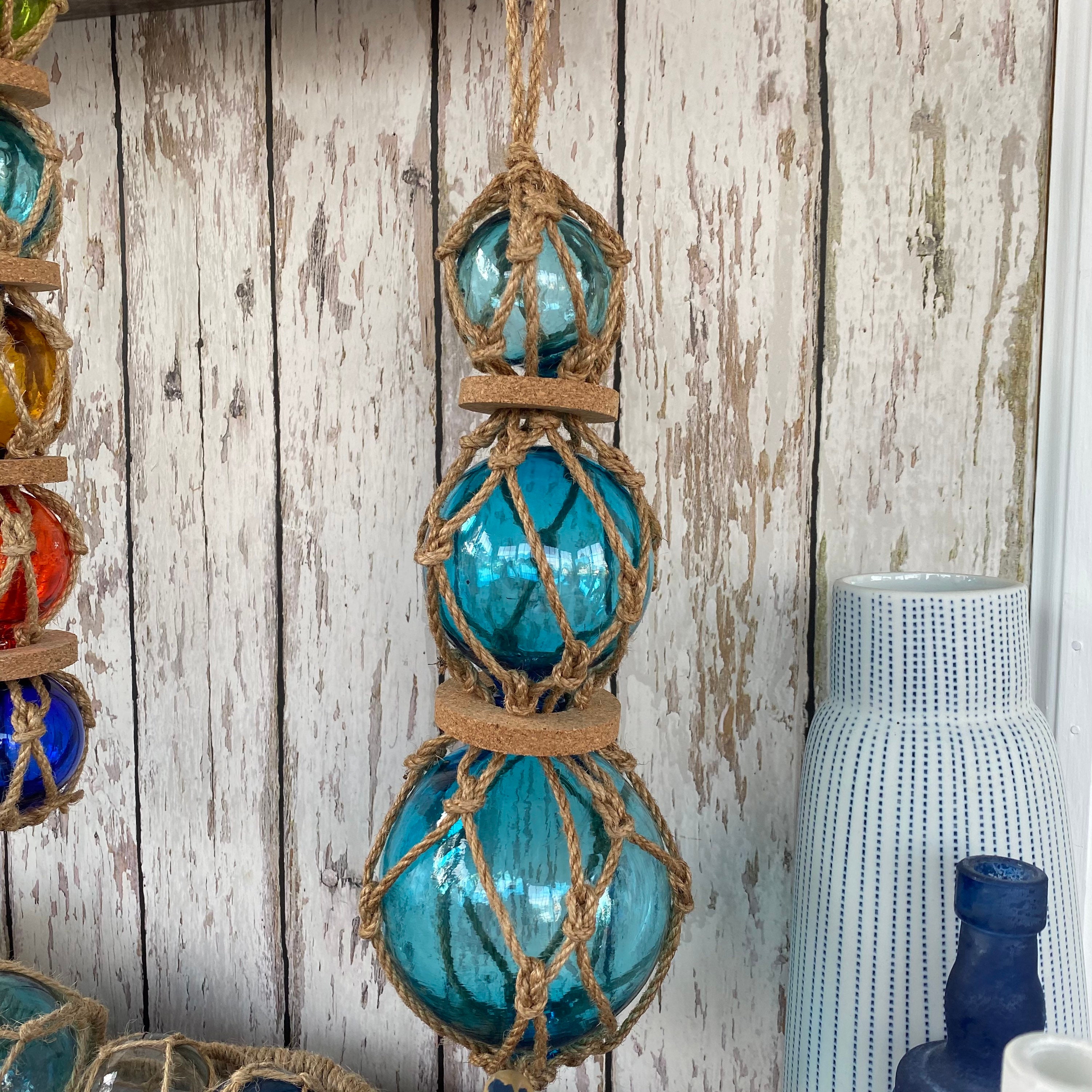 3 Aqua Glass Fishing Floats On Rope Light Blue, Turquoise Buoy Balls