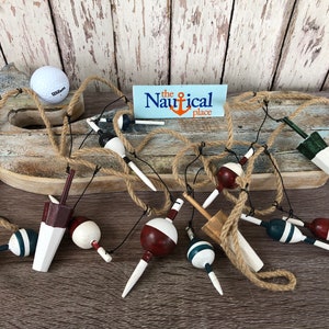 9 ft Wood Fishing Bobber Floats On String - Buoy Fish Net Garland - Wooden Nautical Decor - Christmas Tree Ornament