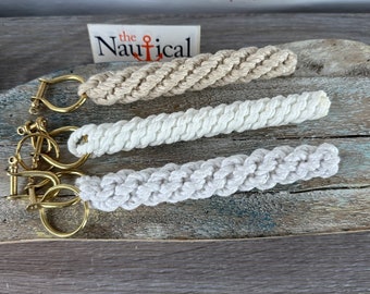 Rope Bell Pull w/ 2 Brass Shackles & Ring - Braided Knot Lanyard - Hand Tied Sailor Bellpull - White, Off White, Natural