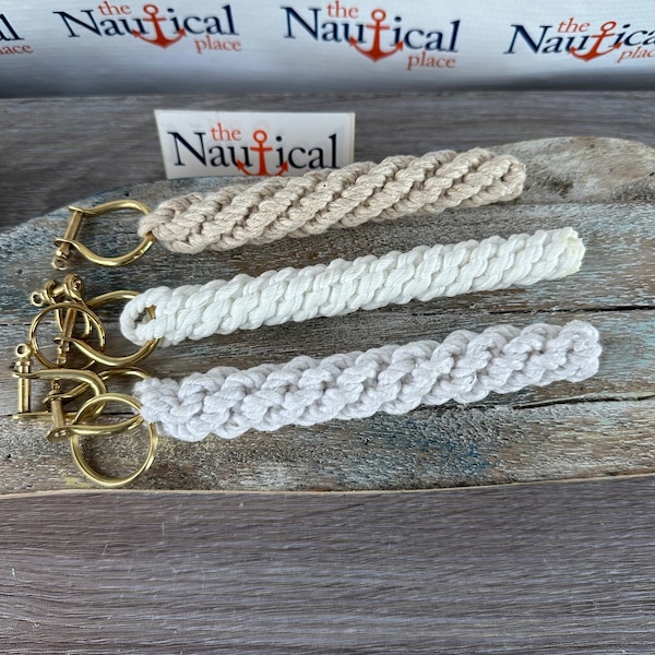 Rope Bell Pull w/ 2 Brass Shackles & Ring - Braided Knot Lanyard - Hand Tied Sailor Bellpull - White, Off White, Natural