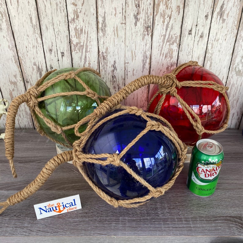 Large 8 Glass Fishing Floats Fish Net Buoys Volleyball Size Nautical Decor Red, Blue, Green, Aqua Ball w/ Rope Netting Tiki Bar image 2