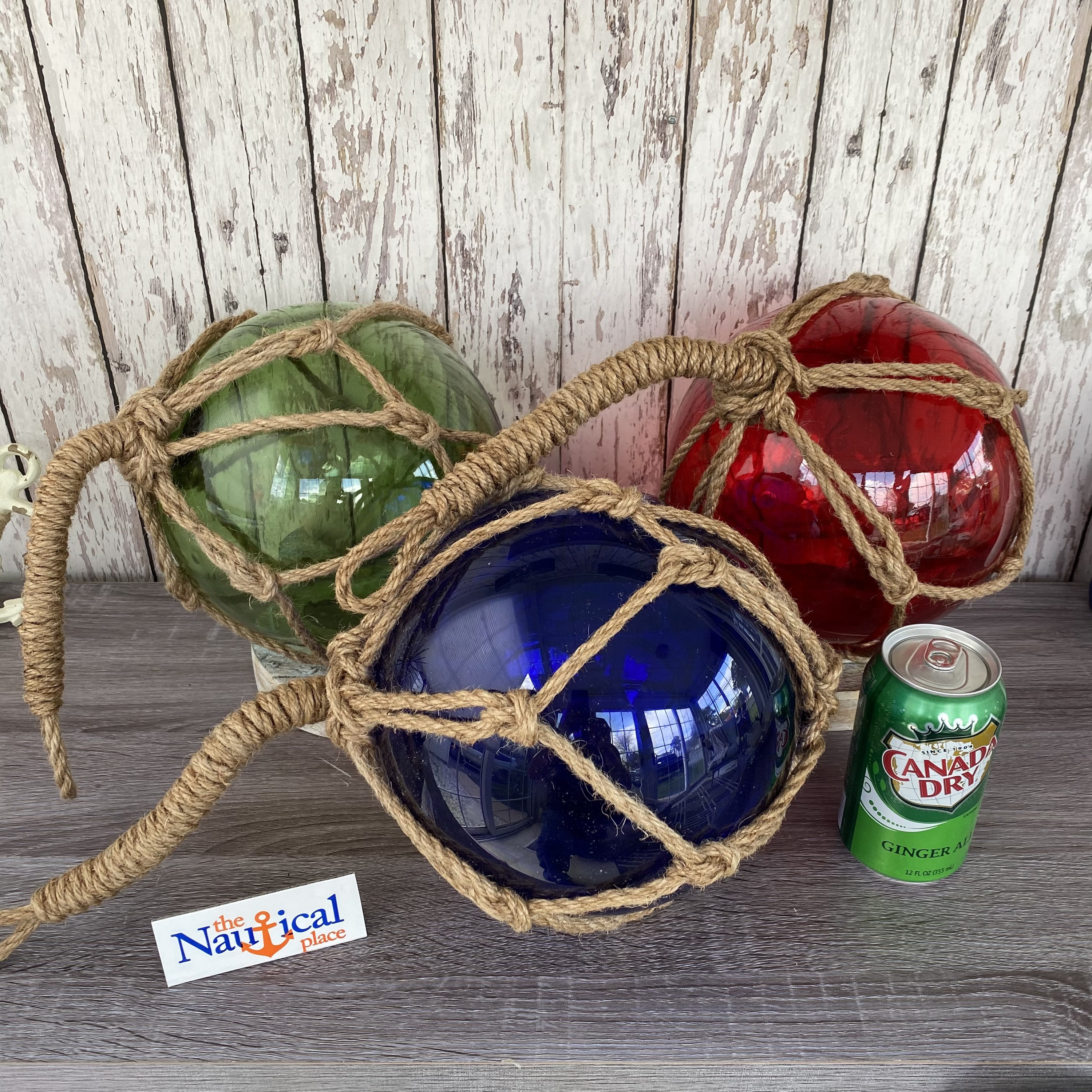 Large 8 Glass Fishing Floats Fish Net Buoys Volleyball Size Nautical Decor  Red, Blue, Green, Aqua Ball W/ Rope Netting Tiki Bar 