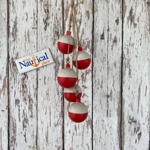 5 Wood Bobbers On Jute Rope - Golf Ball Size - Distressed Red & White - Hanging Nautical Decor - Handmade