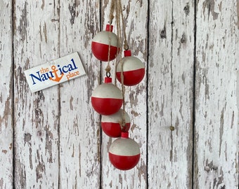 5 Wood Bobbers On Jute Rope - Golf Ball Size - Distressed Red & White - Hanging Nautical Decor - Handmade