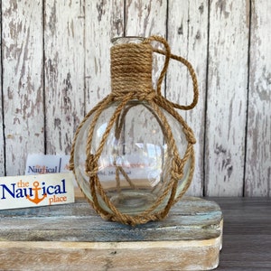 Clear Glass Jug Encircled With Natural Jute Rope - 5" Diameter - Nautical Coastal Beach - Fish Net Bottle Decor