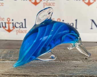 4" Glass Blue Dolphin Figurine / Hand Blown Nautical Paperweight - Coastal, Tropical, Beach Decor - Tabletop Decorations