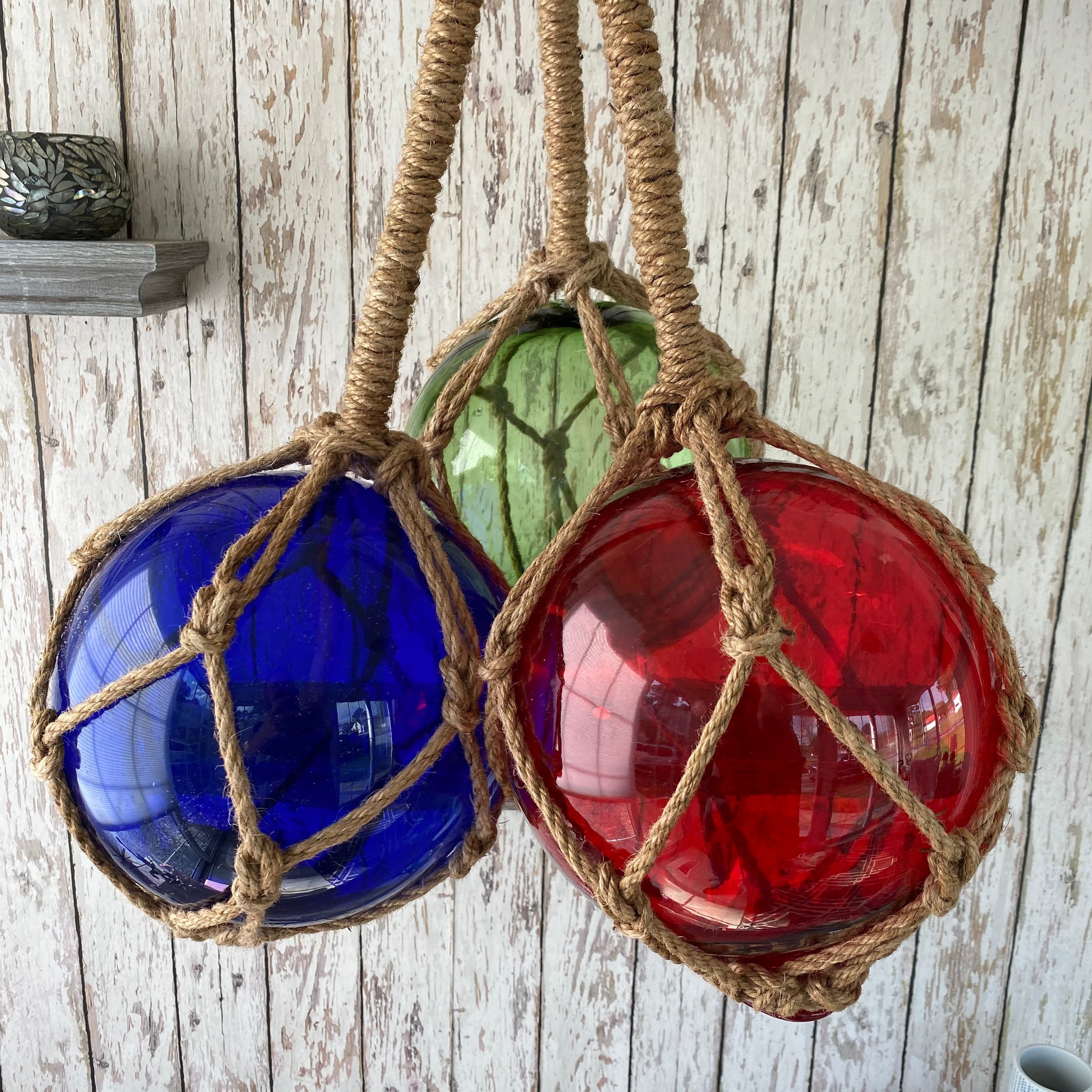 2 Glass Fishing Floats on Jute Rope Fish Net Buoy Red, Blue, Green, Aqua,  Yellow, Clear, Pink, Orange Decorative Nautical Ball 