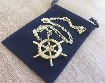 Silver Finish Brass Ship Wheel w/ Optional 27" Chain & Velour Bag - Vintage Antique Style - Miniature Nautical Necklace - Christmas Gift