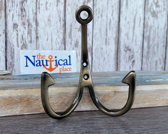 Metal Fish Hook Double Wall Hook - Antique Brass Finish - Towel Hanger, Coat, Hat, Key Rack - Nautical Fishing Decor