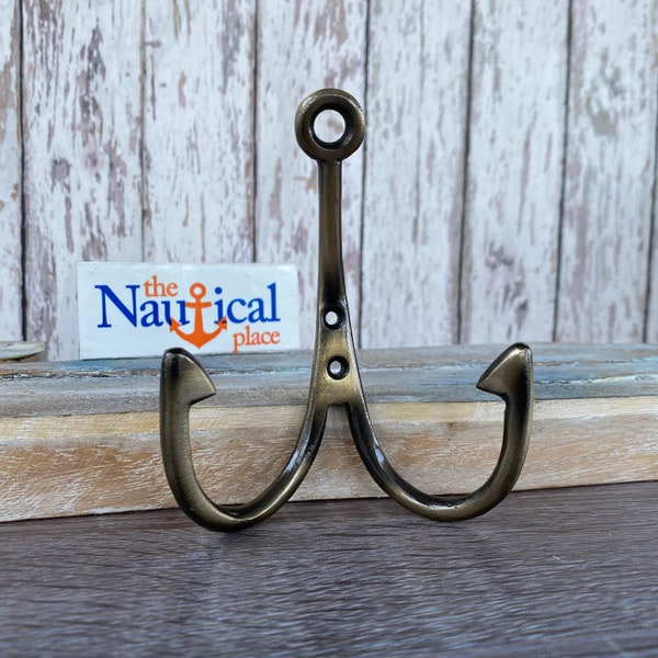 Metal Fish Hook Double Wall Hook - Antique Brass Finish - Towel Hanger, Coat, Hat, Key Rack - Nautical Fishing Decor