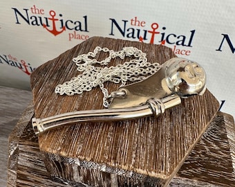 Silver Finish Brass Boatswain Whistle w/ Optional 27" Chain & Bag - Small Bosun Call Pipe - Nautical Necklace - Christmas Gift