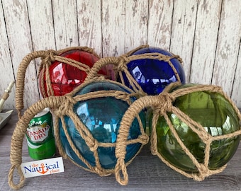 Large 8 Glass Fishing Floats Fish Net Buoys Volleyball Size Nautical Decor  Red, Blue, Green, Aqua Ball W/ Rope Netting Tiki Bar 