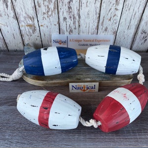 4 Large Wood Fishing Floats On Rope - Fish Net Buoys - Handmade Wooden Nautical Decor - Red, White, Blue, Distressed