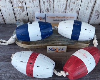 4 Large Wood Fishing Floats On Rope - Fish Net Buoys - Handmade Wooden Nautical Decor - Red, White, Blue, Distressed