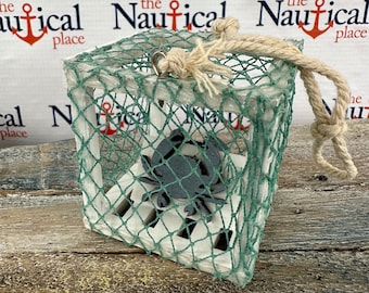 Miniature Crab Pot - Crab Trap Ornament w/ Bluecrabs & Rope - Nautical Christmas Tree Decor
