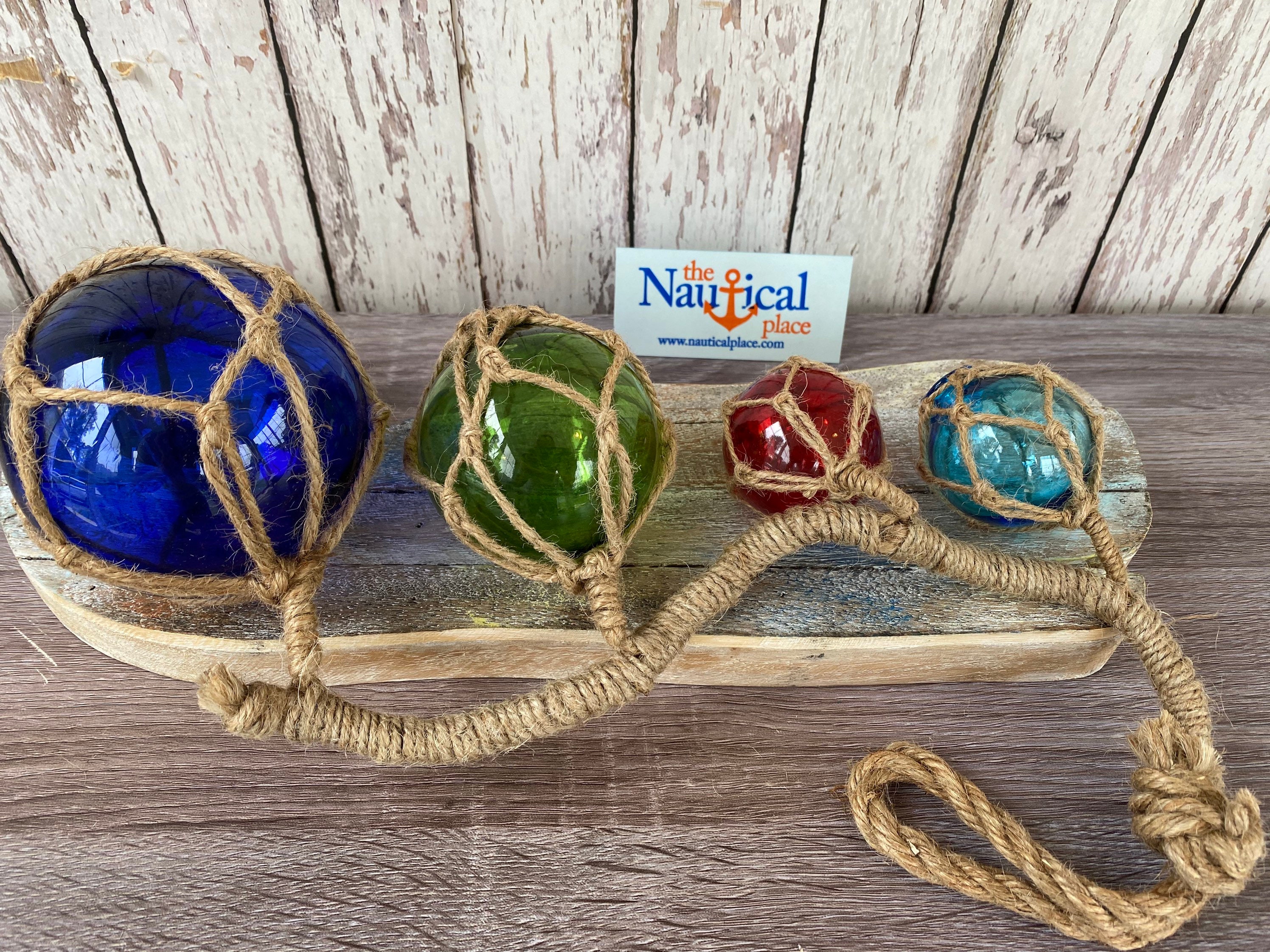 4 Glass Fishing Floats On Rope Fish Net Buoy Ball Nautical Beach