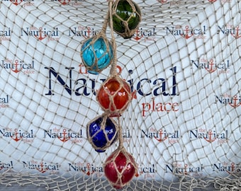 5 - 2" Glass Fishing Floats On Rope Netting - Nautical Fish Net Buoy Decor - Green, Aqua, Orange, Blue, Red