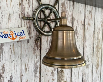 7" Ship Wheel Bell w/ Rope Lanyard - Antique Brass Finish - Nautical Maritime Wall Decor