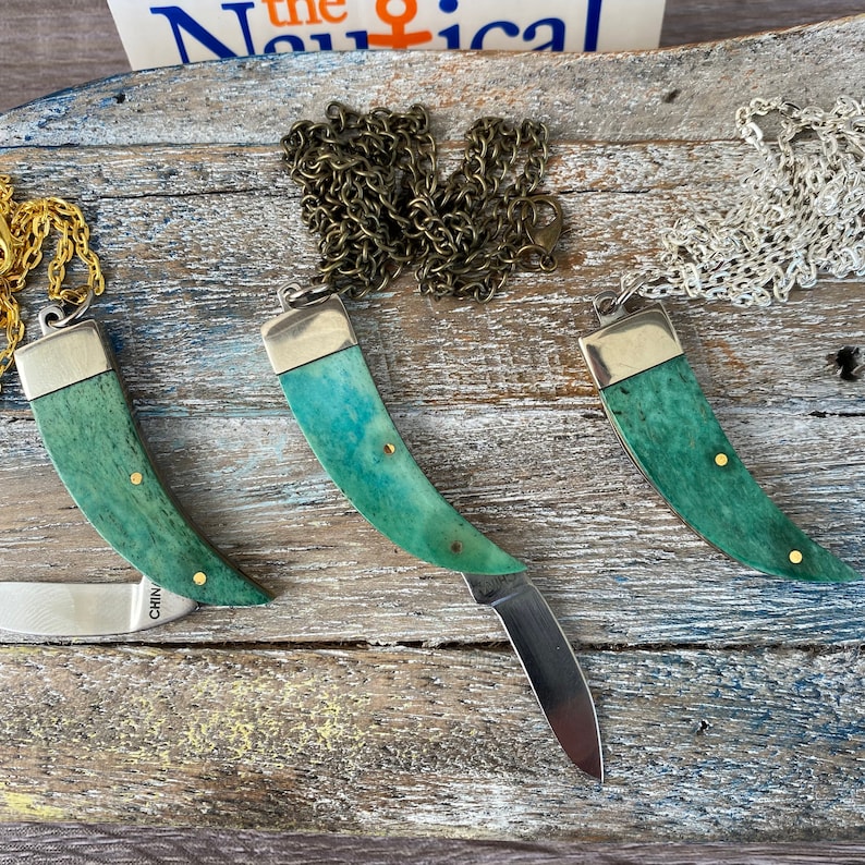 Miniature Bear Claw Knife Necklace w/ Bone Handle - Pocket Knife Keychain - Small Working Mini Folding Knives - Greenish Blue Pendant 