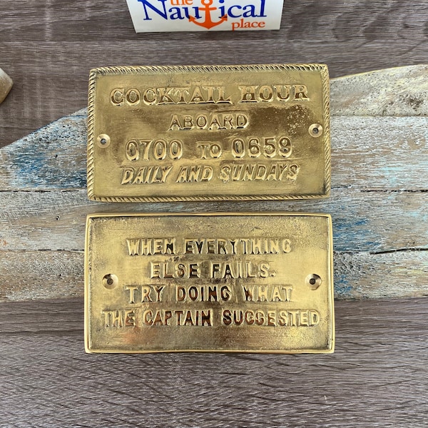 Nautical Signs - Solid Brass - Captain Suggested, Cocktail Hour - Nautical Wall Plaque Decor - Boat Cabin Door