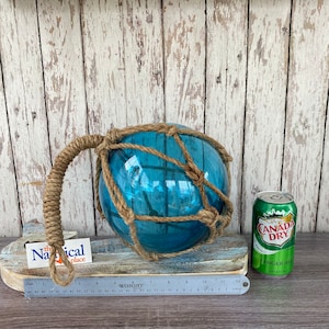 Large 8 Glass Fishing Floats Fish Net Buoys Volleyball Size Nautical Decor Red, Blue, Green, Aqua Ball w/ Rope Netting Tiki Bar image 3