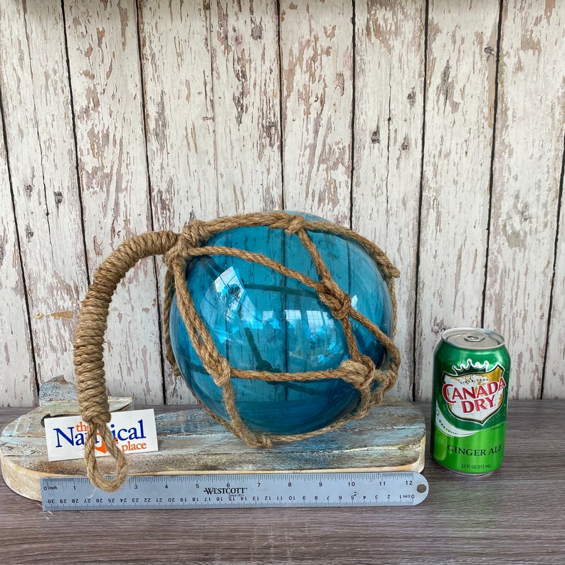 Large 8 Glass Fishing Floats Fish Net Buoys Volleyball Size Nautical Decor Red, Blue, Green, Aqua Ball w/ Rope Netting Tiki Bar image 3