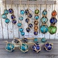 Glass Fishing Floats On Rope - Fish Net Buoy Ball - Nautical Decor - Red, Blue, Green, Aqua, Clear w/ Jute Rope Netting - Garden, Beach