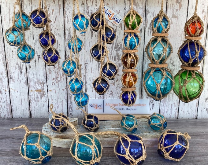 Featured listing image: Glass Fishing Floats On Rope - Fish Net Buoy Ball - Nautical Decor - Red, Blue, Green, Aqua, Clear w/ Jute Rope Netting - Garden, Beach