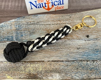 Rope Bell Pull w/ Monkey Fist Knot Ball - Braided Knot Lanyard - Hand Tied  Sailor Bellpull - Black & White