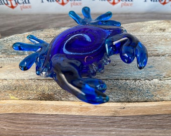 Glass Crab Figurine - Blue w/ Swirls - Hand Blown Paperweight - Coastal, Tropical, Beach Decor - Bluecrab