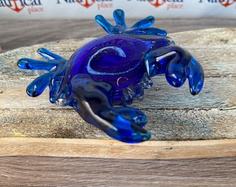 Glass Crab Figurine - Blue w/ Swirls - Hand Blown Paperweight - Coastal, Tropical, Beach Decor - Bluecrab