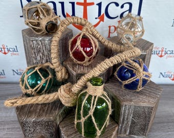 24" Glass Bottles & Fishing Floats On Rope - Fish Net Buoy Ball - Nautical Beach Decor - Blue, Green, Red, Amber, Clear w/ Rope Netting