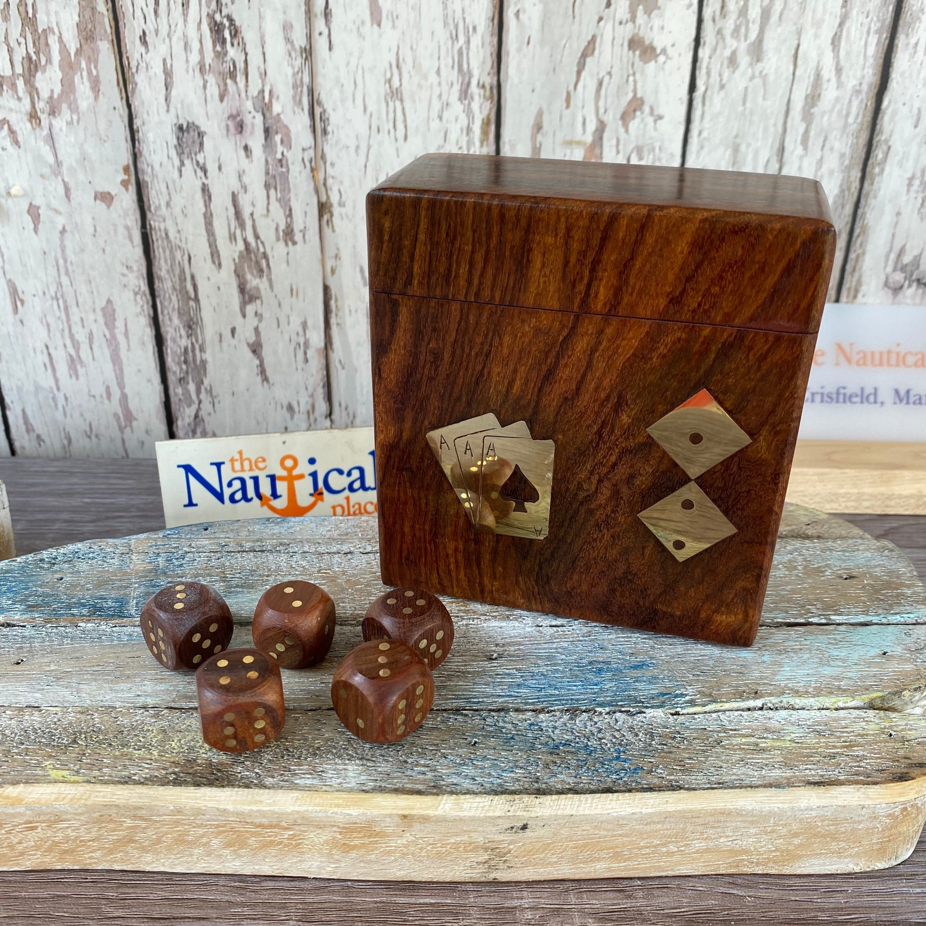 Wood Dice Set With Brass Inlaid Box Dice & Card Deck Holder