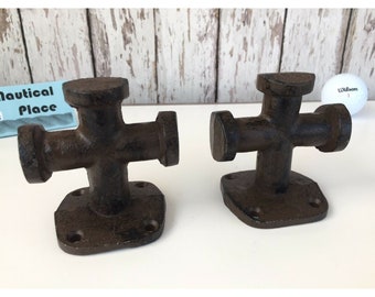 2 x Cast Iron Single Cross Bollard Cleats - Nautical Marine Boat Dock Chock - Handle Hook Wall Hanger