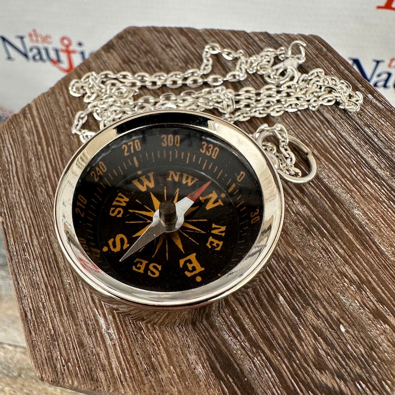 May include: A silver compass necklace with a black face and gold markings. The compass face has the cardinal directions N, S, E, and W, as well as the intermediate directions NE, NW, SE, and SW. The compass is on a wooden surface.