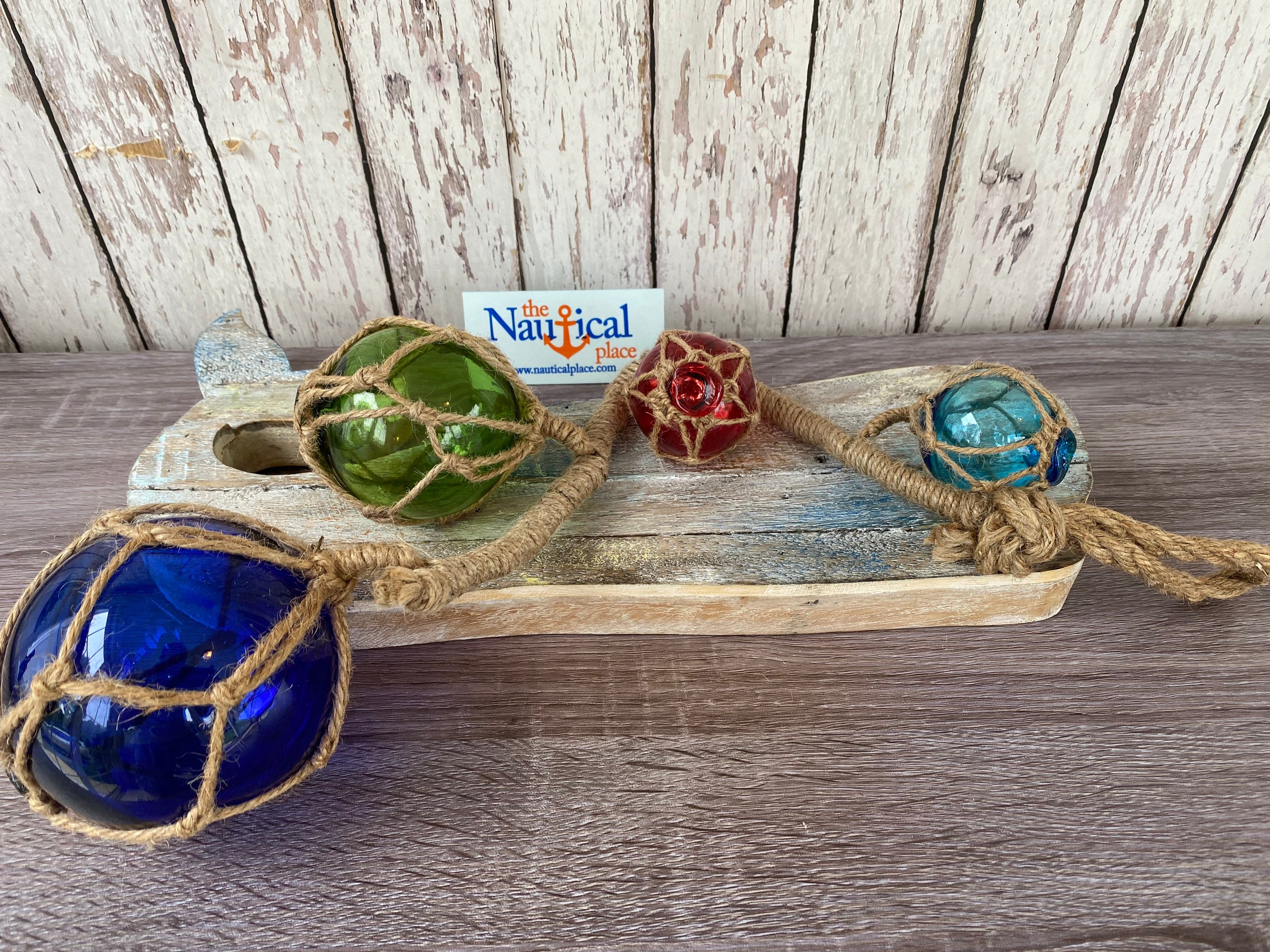 4 Glass Fishing Floats On Rope Fish Net Buoy Ball Nautical Beach
