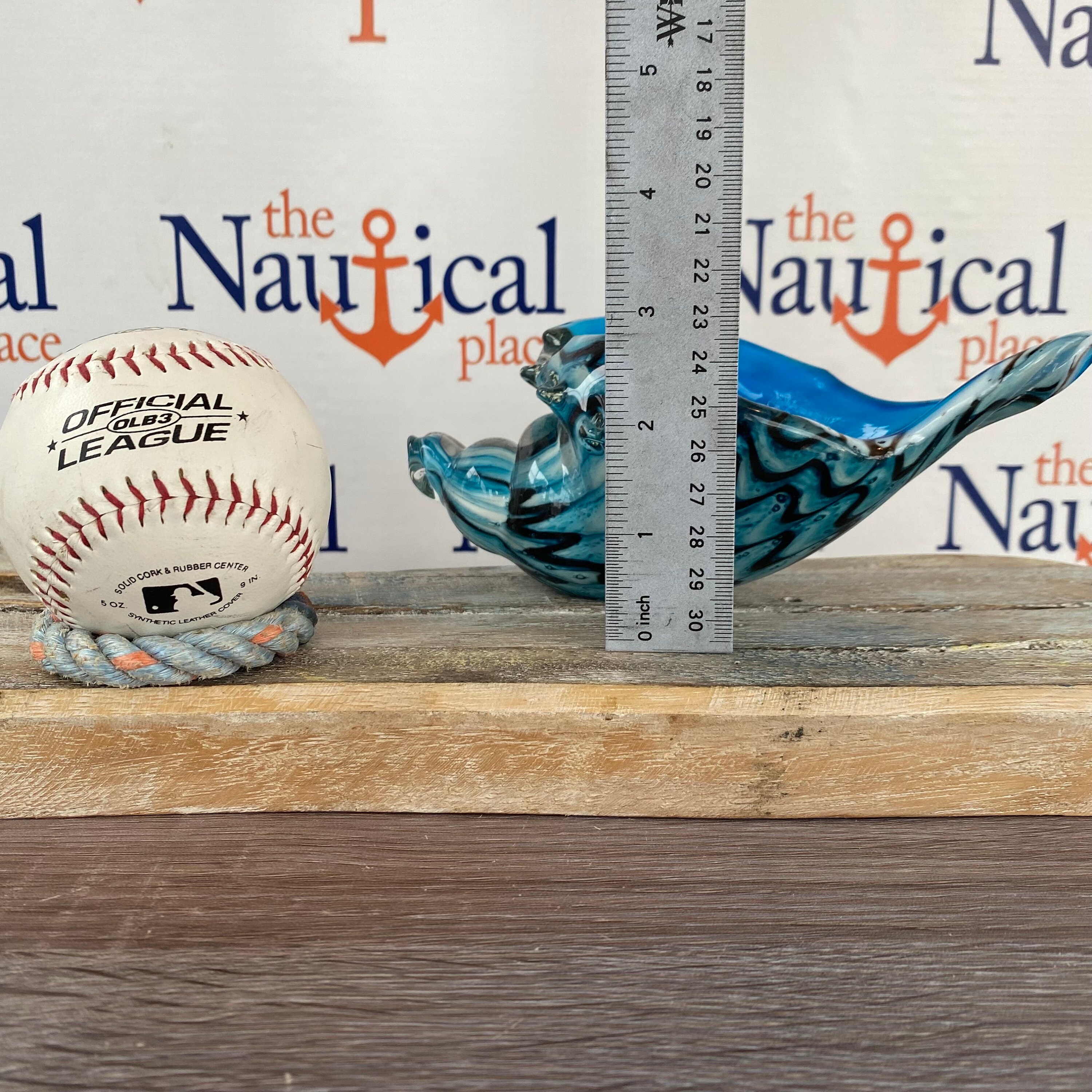 7.5 Glass Shell Figurine 1 lb. Aqua & Black Swirl Accents Hand