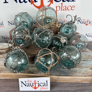2.5&quot; Japanese Glass Floats w/ Netting, Vintage Fishing Buoys From Japan, Authentic Glass Balls Once Used On Nets By Commercial Fisherman