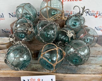 2.5" Japanese Glass Floats w/ Netting, Vintage Fishing Buoys From Japan, Authentic Glass Balls Once Used On Nets By Commercial Fisherman