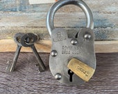 Old Style Iron Lock and Keys w Brass Keyhole Cover - Royal Navy, Grog Room - Vintage Antique Rustic Style - Police Jailer Padlock