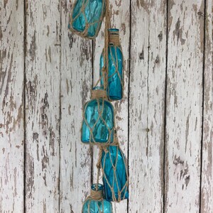 5 Aqua Glass Bottles on Rope Nautical Fish Net Buoy Ball Floats Beach ...
