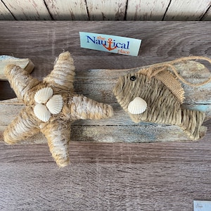 Jute Rope Starfish or Fish Ornament w/ Shells - Handmade Nautical Christmas Decor - Tropical Beach Accents